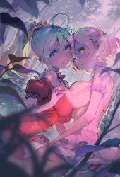 Rule 34 | 2girls, :o, ahoge, black bow, blonde hair, blue eyes, blurry, blurry background, blurry foreground, bow, bowtie, breast press, breasts, choker, commentary request, cowlick, dress, forest, frilled sleeves, frills, from side, green eyes, hair ribbon, heads together, high heels, high ponytail, highres, large breasts, leaf, looking at viewer, multiple girls, nature, off-shoulder dress, off shoulder, original, outdoors, parted lips, pink dress, plant, pointy ears, puffy short sleeves, puffy sleeves, red dress, ribbon, short hair, short sleeves, symmetrical docking, thighhighs, tinkle bell, tree