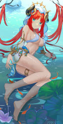 Rule 34 | 1girl, absurdres, aqua eyes, bare shoulders, barefoot, blush, breasts, circlet, closed mouth, detached sleeves, flower, forehead jewel, full body, fungi (genshin impact), genshin impact, gold trim, highres, horns, legs, long hair, long sleeves, looking at viewer, lying, medium breasts, navel, nilou (genshin impact), on side, parted bangs, puffy long sleeves, puffy sleeves, red hair, revealing clothes, see-through, shallow water, sidelocks, skirt, smile, solo, sparkle, stomach, thighlet, toes, twintails, vambraces, veil, very long hair, w-t, water, wet, wet clothes