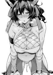 Rule 34 | 1girl, animal ears, bare shoulders, blush, breasts, cleavage, collarbone, commentary request, covered navel, cum, cumdrip, earrings, erune, gloves, granblue fantasy, greyscale, hair between eyes, hair ornament, hair ribbon, hands on own knees, ilsa34660285, jewelry, large breasts, leaning forward, long hair, looking at viewer, monochrome, mushi024, one-piece swimsuit, open mouth, pussy juice, ribbon, sky, solo, swimsuit, thighs, wet, white background