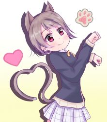 Rule 34 | 1girl, :p, animal ears, artist name, artist request, black jacket, blush, bow, bowtie, breasts, brown hair, buttons, cardigan, cat ears, cat tail, checkered clothes, checkered skirt, collared shirt, female focus, grey hair, heart, highres, jacket, light brown hair, long sleeves, looking at viewer, love live!, love live! nijigasaki high school idol club, miniskirt, nakasu kasumi, neck ribbon, nijigasaki academy school uniform, parted lips, paw pose, paw print, pink eyes, plaid, plaid skirt, pleated skirt, purple eyes, ribbon, school uniform, shirt, short hair, skirt, small breasts, smile, solo, sweater, sweater vest, tail, tongue, tongue out, vest, white background, white shirt, white skirt, yellow bow, yellow cardigan, yellow ribbon, yellow sweater