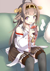 Rule 34 | 10s, 1girl, :d, ahoge, boots, brown hair, detached sleeves, fang, frilled skirt, frills, hairband, highres, japanese clothes, kantai collection, kongou (kancolle), long hair, looking at viewer, nontraditional miko, open mouth, personification, purple eyes, sitting, skirt, smile, solo, sukage, tea, thigh boots, thighhighs, wide sleeves