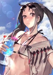 Rule 34 | 1girl, bare shoulders, bikini, blush, breasts, brown eyes, brown hair, cleavage, closed mouth, cloud, collarbone, cup, earrings, eyewear on head, fate/grand order, fate (series), grey eyes, hair ornament, highres, holding, holding cup, jewelry, long hair, looking at viewer, medium breasts, multiple earrings, open clothes, peperon (peperou), robe, sky, sunglasses, sweat, sweatdrop, swimsuit, twintails, very long hair, white bikini, yu mei-ren (fate), yu mei-ren (swimsuit lancer) (fate)