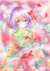 Rule 34 | 1girl, acrylic paint (medium), blush, bow, dated, fish, flower, goldfish, hair bow, hair flower, hair ornament, hieda no akyuu, japanese clothes, light particles, looking at viewer, marker (medium), mosho, painting (medium), purple eyes, purple hair, scroll, short hair, signature, silhouette, smile, solo, touhou, traditional media, water, watercolor (medium)