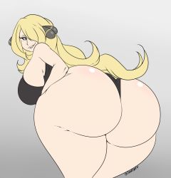 Rule 34 | 1girl, absurdres, artist name, ass, black one-piece swimsuit, blonde hair, breasts, creatures (company), curvy, cynthia (pokemon), game freak, grey eyes, hair ornament, highres, huge ass, huge breasts, lips, long hair, nintendo, okioppai, one-piece swimsuit, pokemon, pokemon dppt, sideboob, signature, smile, solo, swimsuit, thick thighs, thighs, very long hair, wide hips
