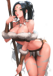 Rule 34 | 1girl, black hair, breasts, cherrylich, cleavage, daeho cha, facial mark, female focus, green eyes, highres, jewelry, large breasts, league of legends, lips, long hair, navel, nidalee, open mouth, pole, polearm, ponytail, signature, simple background, solo, tribal, weapon, white background