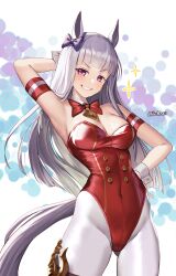 Rule 34 | 1girl, absurdres, adapted costume, animal ears, arm up, armband, armpits, artist name, bare shoulders, bow, breasts, buttons, cleavage, commentary, detached collar, double-breasted, ear bow, gluteal fold, gold ship (umamusume), grey hair, grin, hand on own hip, highleg, highleg leotard, highres, horse ears, horse girl, horse tail, large breasts, leotard, long hair, multicolored background, no headwear, purple bow, purple eyes, red bow, red leotard, smile, solo, strapless, strapless leotard, symbol-only commentary, tail, ugohato, umamusume, v-shaped eyebrows, white background, wrist cuffs