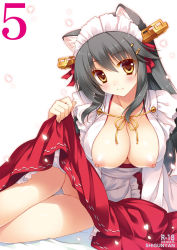Rule 34 | 10s, 1girl, alternate costume, animal ears, apron, black hair, breasts, breasts out, cat ears, cat girl, clothes lift, female focus, hair ornament, hairclip, haruna (kancolle), headgear, kantai collection, kemonomimi mode, large breasts, long hair, looking at viewer, maid headdress, nipples, no panties, petals, pussy, shigunyan, skirt, skirt lift, smile, solo, uncensored, yellow eyes