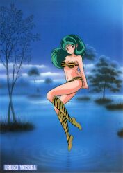 Rule 34 | 1980s (style), 1girl, bikini, blue background, blue eyes, boots, cone horns, copyright name, eyeshadow, full body, green hair, highres, horns, interlocked fingers, long hair, looking at viewer, lum, makeup, nature, navel, night, non-web source, official art, oldschool, oni, outdoors, own hands together, pointy ears, retro artstyle, scan, solo, strapless, strapless bikini, swimsuit, tiger stripes, urusei yatsura, water, yellow bikini