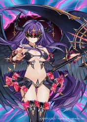 Rule 34 | 1girl, bikini, black bikini, black skirt, black thighhighs, black wings, boots, breasts, closed mouth, covered eyes, eye mask, facing viewer, feathered wings, fingernails, fold-over boots, hands up, highres, holding, holding scythe, horns, large breasts, long hair, luicent, mask, nail polish, navel, pink nails, purple hair, scythe, showgirl skirt, skirt, smile, smug, solo, spread wings, standing, swimsuit, thigh boots, thigh strap, thighhighs, very long hair, watermark, wings, z/x