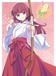 Rule 34 | 2girls, ahoge, arrow (projectile), arrow in head, blonde hair, blood, blue bow, blunt bangs, blush, bow, bow (weapon), brown eyes, brown hair, chibi, closed mouth, drawing bow, e20, hair bow, hakama, hakama skirt, hanazono yurine, highres, holding, holding bow (weapon), holding weapon, japanese clothes, jashin-chan, jashin-chan dropkick, kimono, lamia, long hair, long sleeves, low ponytail, miko, monster girl, multiple girls, object through head, outside border, ponytail, red bow, red hakama, skirt, smile, very long hair, weapon, white kimono, wide sleeves