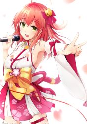Rule 34 | 1girl, absurdres, ahoge, armpits, bell, breasts, bridal garter, cherry blossom print, floral print, green eyes, hair bell, hair ornament, hair over shoulder, hairclip, hazuki gyokuto, highres, holding, holding microphone, hololive, microphone, open mouth, petals, pink hair, sakura miko, sakura miko (1st costume), sideboob, solo, virtual youtuber, w, x hair ornament