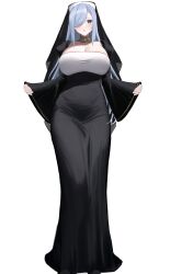 Rule 34 | 1girl, absurdres, black dress, blue eyes, blue hair, breasts, catholic, cleavage, commentary request, dress, framed breasts, full body, genshin impact, habit, hair over one eye, highres, huge breasts, long sleeves, looking at viewer, nun, shenhe (genshin impact), simple background, solo, white background, wide sleeves, ym-1