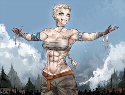 Rule 34 | 1girl, abs, arm wrap, belt, blonde hair, blood, blood on face, blue eyes, bodypaint, braid, breast band, camp, cloud, cloudy sky, crowd, fangs, makeup, muscular, muscular female, navel, original, outstretched arms, sky, smirk, tattoo, tree, twrlare