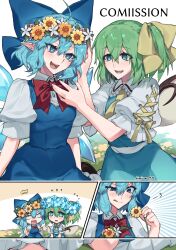 Rule 34 | 2girls, ascot, blue bow, blue dress, blue eyes, blue flower, blue hair, bow, bowtie, cirno, commission, daiyousei, dress, english text, engrish text, fairy wings, flower, green eyes, green hair, hair bow, hair ribbon, head wreath, highres, himadera, ice, ice wings, long hair, multiple girls, open mouth, pinafore dress, pointy ears, ranguage, red bow, red bowtie, ribbon, shirt, short hair, short sleeves, side ponytail, skeb commission, sleeveless, sleeveless dress, smile, touhou, wings, yellow ascot, yellow bow, yellow flower