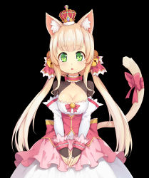 Rule 34 | 1girl, 3.14, :o, animal ears, bell, blonde hair, breasts, bridal gauntlets, cat ears, cat tail, cleavage, crown, dress, green eyes, hair bell, hair ornament, highres, jingle bell, long hair, looking at viewer, mini crown, open mouth, original, solo, tail, twintails, v arms, very long hair