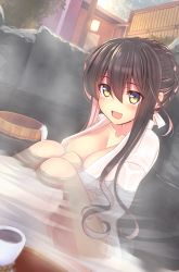 Rule 34 | 1girl, :d, absurdres, blurry, blurry foreground, blush, braid, breasts, brown eyes, brown hair, cleavage, collarbone, commentary request, day, depth of field, dutch angle, fang, hair between eyes, hair ribbon, highres, kantai collection, knees up, lantern, large breasts, long hair, multicolored hair, murasame shia, naganami (kancolle), onsen, open mouth, outdoors, partially submerged, pink hair, ribbon, sidelocks, sitting, smile, solo, two-tone hair, very long hair, water, white ribbon