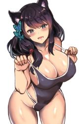 Rule 34 | 1girl, animal ears, azur lane, bare arms, black hair, breasts, butterfly hair ornament, cleavage, clothes pull, cowboy shot, fusou (azur lane), grey eyes, hair ornament, hair over shoulder, kyogoku shin, large breasts, leaning forward, long hair, looking at viewer, one-piece swimsuit, one-piece swimsuit pull, simple background, smile, solo, swimsuit, thighs, white background