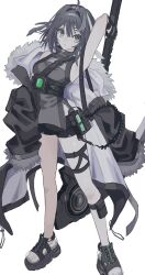 Rule 34 | 1girl, arknights, arm up, black eyes, black hair, black jacket, black shirt, black shorts, breasts, closed mouth, commentary, dot mouth, feather hair, frown, full body, fur-trimmed jacket, fur trim, highres, holding, holding scythe, jacket, la pluma (arknights), looking at viewer, medium breasts, open clothes, open jacket, pouch, ra aizz, sandals, scythe, shirt, short hair, shorts, side slit, sideboob, simple background, socks, solo, thigh strap, white background, white socks