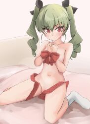 Rule 34 | 1girl, absurdres, anchovy (girls und panzer), bed, black ribbon, blush, bound, bound wrists, closed mouth, commentary, completely nude, convenient censoring, covering privates, covering breasts, drill hair, frown, full body, girls und panzer, green hair, hair ribbon, highres, legs, long hair, looking at viewer, naked ribbon, no shoes, nude, on bed, red eyes, ribbon, sitting, socks, solo, sounata (sounanmaru), twin drills, twintails, wariza, white socks