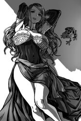 Rule 34 | 1girl, arms up, breasts, covered navel, detached sleeves, dragon&#039;s crown, dress, frog, greyscale, kahadu (kawazu), large breasts, long hair, looking at viewer, monochrome, open mouth, shade, simple background, solo, sorceress (dragon&#039;s crown), witch