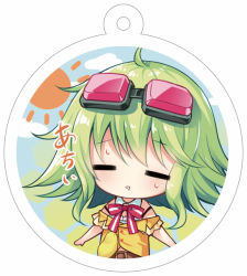 Rule 34 | 1girl, animal, bare shoulders, belt, belt buckle, bird, blush, bow, brown belt, buckle, camisole, chibi, chick, closed eyes, collar, detached collar, drooling, facing viewer, goggles, goggles on head, green hair, gumi, long hair, mouth drool, nametakenoko, off shoulder, parted lips, red-tinted eyewear, red bow, shirt, solo, striped, striped bow, sun symbol, sweat, tinted eyewear, vocaloid, white background, white camisole, white collar, yellow shirt