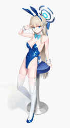 Rule 34 | 1girl, animal ears, aqua bow, aqua bowtie, bar stool, bare shoulders, blonde hair, blue archive, blue eyes, blue footwear, blue hairband, blue leotard, bow, bowtie, breasts, covered navel, detached collar, earpiece, fake animal ears, fake tail, full body, hairband, halo, high heels, highleg, highleg leotard, highres, legs, leotard, long hair, looking at viewer, medium breasts, multicolored hair, official alternate costume, ohlia, playboy bunny, rabbit ears, rabbit tail, revision, shiny clothes, solo, standing, stool, strapless, strapless leotard, streaked hair, tail, thighhighs, thighs, toe cleavage, toki (blue archive), toki (bunny) (blue archive), v, very long hair, white thighhighs, white wrist cuffs, wrist cuffs
