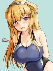 Rule 34 | 1girl, aqua background, black one-piece swimsuit, blonde hair, blue one-piece swimsuit, blush, breasts, competition swimsuit, dated, double bun, fletcher (kancolle), hair bun, hairband, highleg, highleg swimsuit, highres, impossible clothes, impossible swimsuit, kantai collection, large breasts, long hair, montemasa, one-hour drawing challenge, one-piece swimsuit, open mouth, purple eyes, simple background, solo, swimsuit, twitter username, two-tone swimsuit