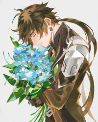 Rule 34 | 1boy, antenna hair, black gloves, bouquet, brown hair, closed eyes, closed mouth, collared shirt, commentary request, earrings, eyeliner, flower, formal, genshin impact, glaze lily, gloves, gotou (pixiv37128), gradient hair, grey background, hair between eyes, hair tie, highres, holding, holding bouquet, jacket, jewelry, long hair, long sleeves, low ponytail, makeup, male focus, multicolored hair, necktie, orange hair, ponytail, red eyeliner, shirt, simple background, single earring, smile, solo, suit, tassel, tassel earrings, white flower, white necktie, zhongli (genshin impact)