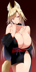 Rule 34 | 1girl, animal ears, bare legs, black background, blonde hair, breasts, choker, cleavage, cowboy shot, curvy, finger to mouth, fox ears, fox tail, gradient background, head tilt, highres, huge breasts, japanese clothes, kimono, kitsune, kloah, large breasts, long hair, nail polish, no bra, off shoulder, red background, red eyes, short kimono, side slit, simple background, smile, solo, tail, thighs, very long hair