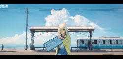 Rule 34 | 1girl, absurdres, animal ears, artist name, bakairis, bench, blue skirt, blue sky, cloud, commentary, commentary request, copyright request, cumulonimbus cloud, day, english commentary, english text, fang, fire hydrant, green jacket, highres, holding, holding sign, jacket, ladder, letterboxed, long hair, long sleeves, looking at viewer, manhole, milestone celebration, mixed-language commentary, ocean, open clothes, open jacket, outdoors, power lines, scenery, sign, skirt, sky, solo, thank you, train station, utility pole, watermark, white hair, yellow eyes