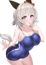 Rule 34 | 1girl, :p, animal ears, arched back, blue one-piece swimsuit, blue school swimsuit, blush, bow, breasts, closed mouth, clothing cutout, collarbone, commentary request, covered navel, curren chan (umamusume), ear bow, fingernails, flipped hair, from side, grey hair, hand to own mouth, hand up, highres, horse ears, horse girl, horse tail, impossible clothes, impossible swimsuit, kibihimi, large breasts, leaning forward, legs together, licking lips, long fingernails, looking at viewer, nail polish, nontraditional school swimsuit, one-piece swimsuit, pink nails, purple eyes, red bow, sa (pixiv 89232413), school swimsuit, shiny clothes, short hair, single vertical stripe, skin tight, solo, standing, swimsuit, tail, tail through clothes, thigh gap, thighs, tongue, tongue out, tracen swimsuit, umamusume, wet, wet clothes, wet swimsuit