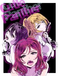 Rule 34 | 10s, 3girls, ayase eli, bibi (love live!), black hair, blonde hair, blue eyes, cutie panther, finger in own mouth, hair between eyes, hairband, half-closed eyes, halftone, kiss, looking at viewer, love live!, love live! school idol project, multiple girls, natomo garden, nishikino maki, open mouth, oral invitation, panther tail, ponytail, purple eyes, red eyes, red hair, scrunchie, song name, tail, tail grab, tongue, twintails, wrist scrunchie, yazawa nico