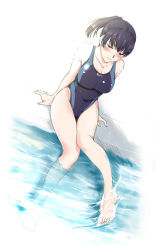 Rule 34 | 1girl, amagami, amano issui, arm support, barefoot, black eyes, black hair, blush, breasts, cleavage, competition swimsuit, dutch angle, feet, large breasts, legs, light rays, one-piece swimsuit, ponytail, pool, poolside, sitting, soaking feet, solo, splashing, sunbeam, sunlight, swimsuit, thigh gap, tsukahara hibiki, water
