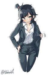 Rule 34 | &gt;:d, 10s, 1girl, :d, alternate costume, belt, black hair, black hat, black jacket, black pants, breasts, cleavage, collarbone, cropped legs, earrings, ebifurya, green eyes, hat, highres, jacket, jewelry, kantai collection, long sleeves, matsukaze (kancolle), mini hat, mini top hat, open mouth, pants, shirt, short hair, simple background, small breasts, smile, solo, top hat, twitter username, v-shaped eyebrows, white background, white shirt