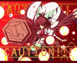 Rule 34 | 1girl, arm cannon, belt, bow, brown hair, caution, danmaku, female focus, foreshortening, hair bow, letterboxed, long hair, one-eyed, outstretched arm, radiation symbol, red eyes, reiuji utsuho, sanshirou, shaded face, solo, touhou, weapon