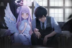 Rule 34 | 1boy, 1girl, angel wings, black hair, blue archive, blush, breasts, closed eyes, collared shirt, couch, dress, glasses, halo, hand on own chest, large breasts, looking at viewer, mika (blue archive), natsume yochiki, necktie, on couch, pink hair, round eyewear, sensei (blue archive), shirt, sitting, teacher and student, vest, white dress, window, wings, yellow eyes