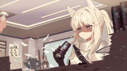 Rule 34 | 1other, 3girls, :d, amiya (arknights), animal ear fluff, animal ears, arknights, arms up, black coat, black gloves, blonde hair, blue eyes, blunt bangs, bright pupils, brown eyes, brown hair, can, closed eyes, closed mouth, coat, commission, doctor (arknights), drink can, gloves, gravel (arknights), high collar, highres, horse ears, indoors, long hair, long sleeves, multiple girls, open mouth, paper stack, pink hair, platinum (arknights), pointy ears, ponytail, rabbit ears, shaded face, siblings, sisters, skeb commission, smile, soda can, sparkle, through ceiling, translation request, upper body, upside-down, v-shaped eyebrows, yuki ahiru