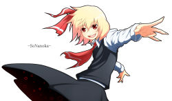 Rule 34 | 1girl, blonde hair, embodiment of scarlet devil, fang, female focus, hair ribbon, highres, open mouth, outstretched arms, red eyes, ribbon, rumia, short hair, simple background, skirt, skirt set, solo, sukoburu maeda, touhou