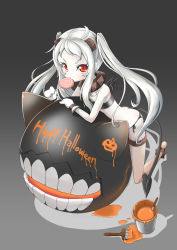 Rule 34 | 10s, 1girl, abyssal ship, ahoge, alternate costume, alternate hairstyle, bat wings, bikini, candy, colored skin, eating, food, halloween, happy halloween, highres, horns, kantai collection, lollipop, long hair, looking at viewer, midriff, mittens, northern ocean princess, paint, paint can, paintbrush, red eyes, side-tie bikini bottom, swimsuit, twintails, white hair, white skin, wings, yaosera