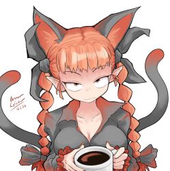 Rule 34 | 1girl, absurdres, animal ears, breasts, cat ears, cat girl, cat tail, cleavage, closed mouth, coffee, coffee cup, commentary, cup, dated, disposable cup, english commentary, extra ears, highres, kaenbyou rin, large breasts, long hair, long sleeves, master-cylinder, multiple tails, nekomata, pointy ears, red eyes, red hair, red nails, signature, solo, tail, touhou, two tails, upper body, variant set