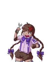 Rule 34 | 1girl, ahoge, anger vein, blunt bangs, bow, bowtie, braid, brown hair, brown shorts, collared shirt, commentary request, cowboy shot, david hrusa, hair bow, long hair, open mouth, pink shirt, purple bow, purple bowtie, purple eyes, rika (touhou), shirt, shorts, simple background, suspenders, teeth, too many, tools, touhou, touhou (pc-98), twin braids, upper teeth only, white background, wrench