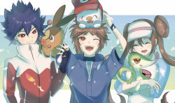 Rule 34 | 1girl, 2boys, ;d, black gloves, black hair, blue jacket, bright pupils, brown eyes, brown hair, closed mouth, clothed pokemon, commentary request, creatures (company), fingerless gloves, game freak, gen 5 pokemon, gloves, hand up, happy, highres, holding, holding pokemon, hugh (pokemon), jacket, long hair, multiple boys, nate (pokemon), nintendo, on shoulder, one eye closed, open mouth, oshawott, pokemon, pokemon (creature), pokemon bw2, pokemon on shoulder, raglan sleeves, red eyes, rosa (pokemon), ryusa (gjgd7445), shirt, short hair, smile, snivy, starter pokemon trio, teeth, tepig, tongue, twintails, upper body, upper teeth only, visor cap, white headwear, white pupils, zipper pull tab