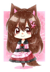 Rule 34 | 1girl, :&gt;, animal ears, blush, brooch, brown hair, chibi, collarbone, dress, flower, hair flower, hair ornament, highres, imaizumi kagerou, jewelry, long sleeves, looking at viewer, red eyes, smile, solo, tail, totoharu (kujirai minato), touhou, wide sleeves, wolf ears, wolf tail