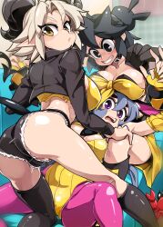 Rule 34 | 3girls, absurdres, animal ears, ass, black eyes, black hair, black shorts, blonde hair, blue hair, blush, bongfill, borrowed character, breasts, brown eyes, cleavage, closed mouth, collarbone, crab, demon girl, demon horns, demon tail, denim, denim shorts, grin, highres, horns, large breasts, leotard, looking at viewer, lucia (scott malin), micro shorts, multiple girls, open mouth, original, pantyhose, parted lips, pink pantyhose, pointy ears, purple eyes, rabbit ears, rabbit girl, shorts, smile, susan (rakeemspoon), tail, tank (bongfill), teeth, yellow leotard