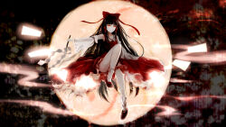 1girl absurdres bow closed_mouth cloud dark_background detached_sleeves glowing glowing_eyes gohei hakurei_reimu highres holding holding_gohei leg_up long_hair nontraditional_miko poke_(610366737) red_bow red_eyes red_ribbon red_skirt ribbon shoes skirt socks solo touhou very_long_hair yin_yang