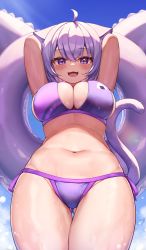 Rule 34 | 1girl, :d, absurdres, animal ear fluff, animal ears, arms up, bikini, blue sky, blush, breasts, cat ears, cat girl, cat tail, cowboy shot, day, deaver, fang, from below, gluteal fold, highres, hololive, innertube, large breasts, looking at viewer, looking down, navel, nekomata okayu, open mouth, outdoors, purple bikini, purple eyes, purple hair, purple ribbon, ribbon, side-tie bikini bottom, sky, smile, solo, stomach, swim ring, swimsuit, tail, thigh gap, thighs, underboob, virtual youtuber