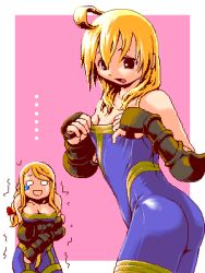 Rule 34 | 1boy, 1girl, agrias oaks, ahoge, ass, bare shoulders, blonde hair, bodysuit, breasts, cleavage, crossdressing, embarrassed, final fantasy, final fantasy tactics, flat chest, gauntlets, gloves, lipstick, long hair, lowres, makeup, mikuni aoi, monk (fft), oekaki, ramza beoulve, small breasts, tears, trap, unitard