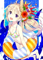 Rule 34 | 1girl, :d, amagai tarou, bikini, blonde hair, blush, breasts, cleavage, clownfish, fish, flower, gradient background, hair flower, hair ornament, innertube, long hair, looking at viewer, navel, open mouth, ponytail, purple eyes, small breasts, smile, solo, swim ring, swimsuit, toes, tropical fish, water