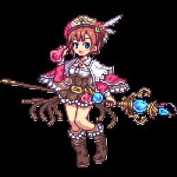 Rule 34 | 1girl, atelier (series), atelier rorona, boots, brown dress, capelet, dress, female focus, hat, knee boots, lowres, pixel art, red hair, rororina fryxell, short hair, skirt, solo, staff, transparent background