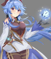 Rule 34 | 1girl, bare shoulders, bell, black gloves, blue hair, blush, breasts, brown pantyhose, chinese knot, detached sleeves, flower knot, ganyu (genshin impact), genshin impact, gloves, gold trim, highres, horns, long hair, looking at viewer, medium breasts, mxsoundtube, neck bell, orb, pantyhose, purple eyes, sidelocks, smile, solo, thighlet, vision (genshin impact), white sleeves